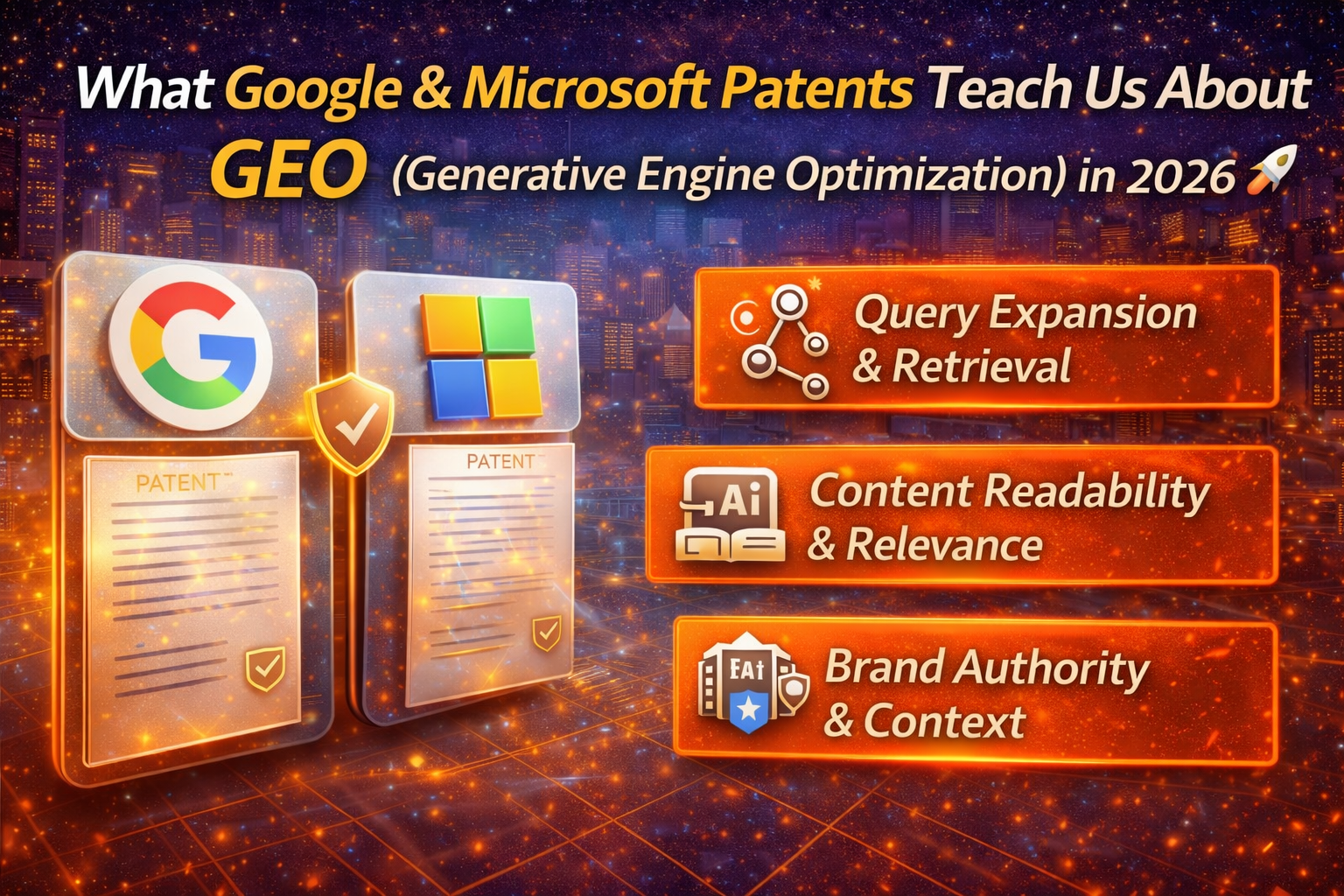 3D illustration showing Google and Microsoft GEO patents shaping the future of AI-powered search and generative search optimization.