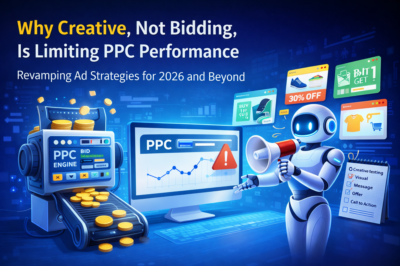3D illustration showing a PPC bid engine, declining performance chart, ad creatives, and a robot highlighting why creative strategy is limiting PPC performance.