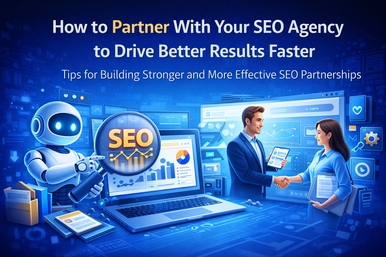 3D illustration showing an SEO agency partnership concept with a robot highlighting SEO analytics on a laptop screen and two professionals shaking hands in a modern digital workspace.