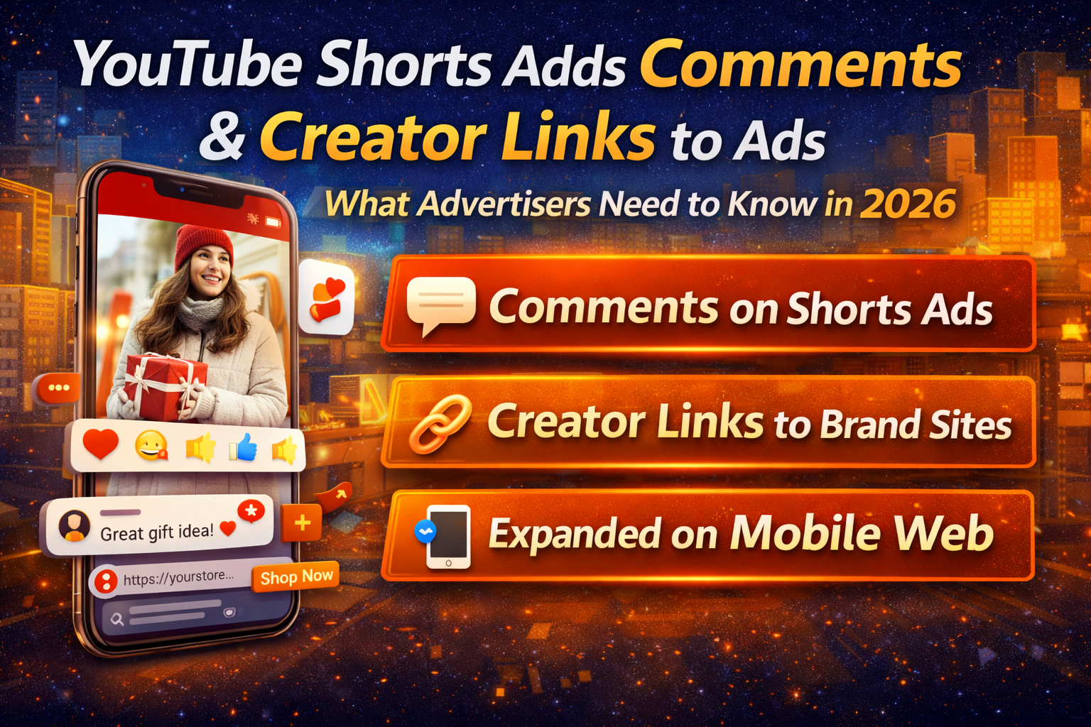 YouTube Shorts ads update showing comments, creator links, and mobile web expansion in a 3D digital banner