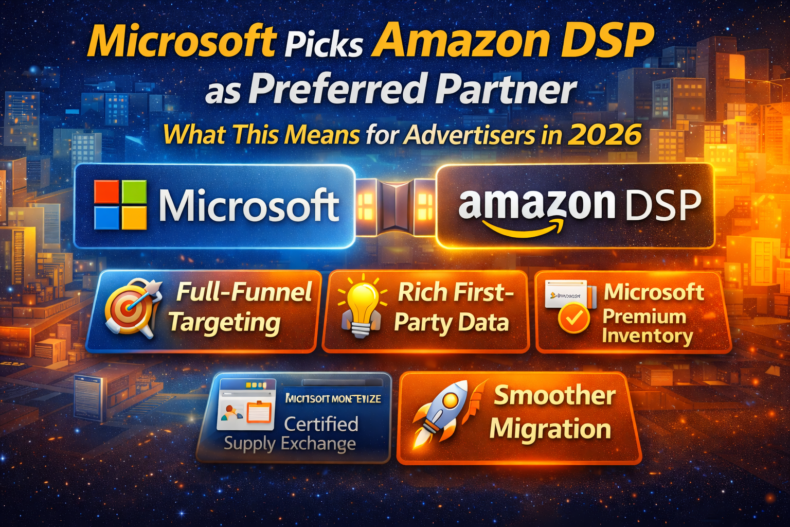 3D banner illustrating Microsoft selecting Amazon DSP as its preferred advertising partner, highlighting benefits like full-funnel targeting, rich first-party data, premium inventory, and smoother advertiser migration.