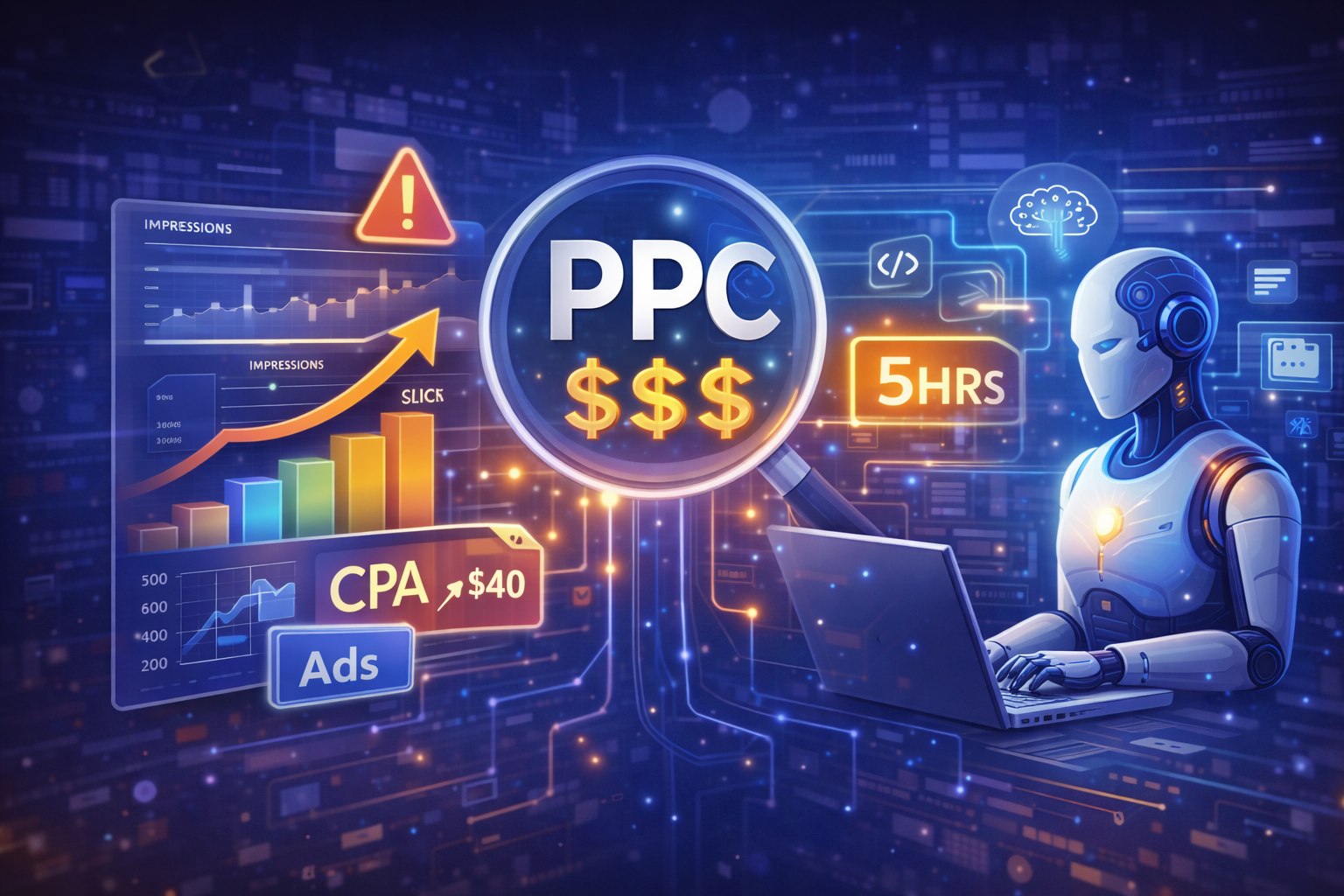 3D illustration showing AI assisting PPC advertising campaigns with digital marketing dashboards, analytics charts, and automation tools representing the increasing complexity of PPC management.