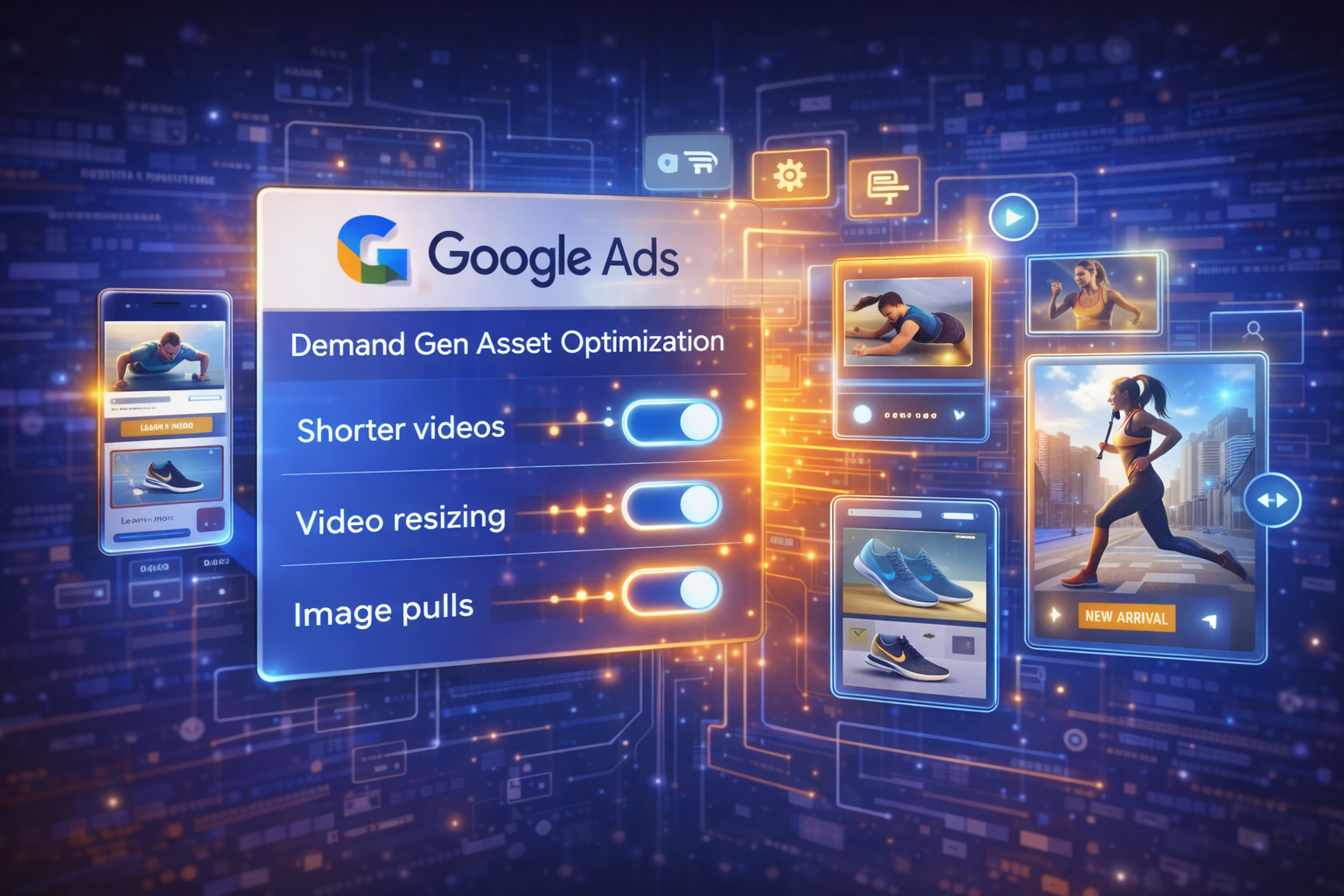 Digital illustration showing Google Ads Demand Gen campaign asset optimization with automated video resizing, AI-generated assets, and creative performance analytics.