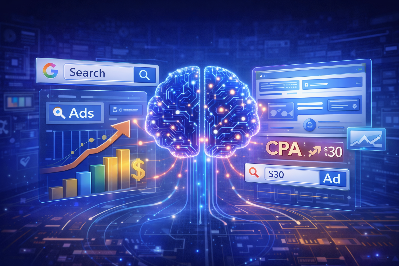 AI-powered digital advertising dashboard showing revenue growth, Google search ads interface, and CPA optimization through artificial intelligence automation.